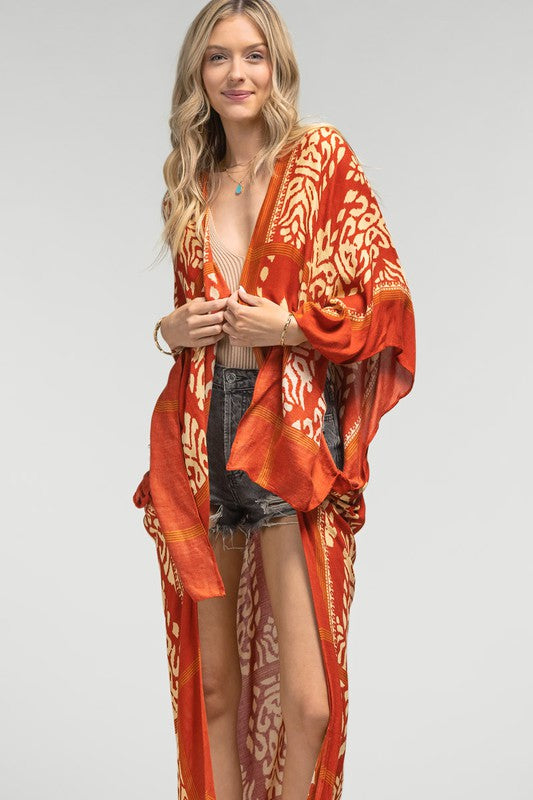 Damask Print Kimono - Rust