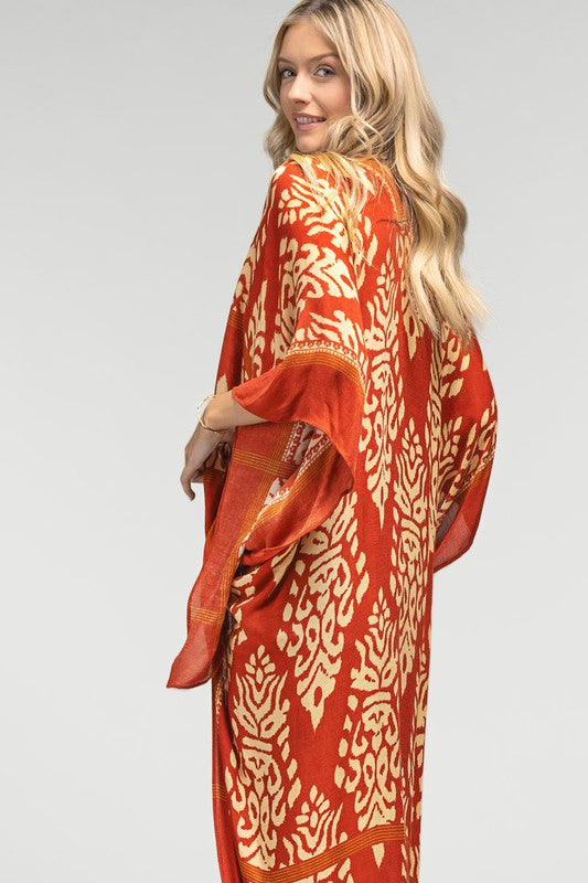 Damask Print Kimono - Rust