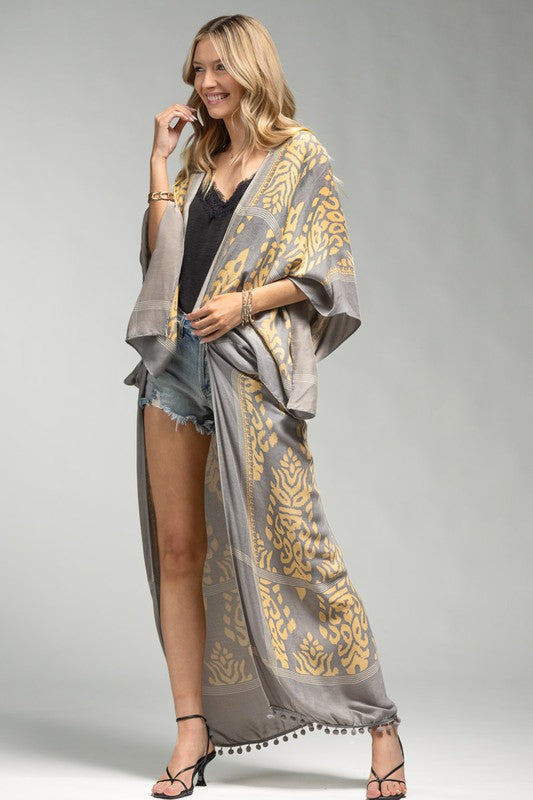 Damask Print Kimono - Grey