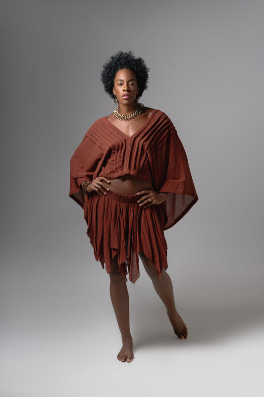 Top Alforzas terracotta cotton gauze cropped top front view