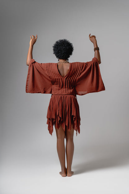 Top Alforzas terracotta cotton gauze top back view