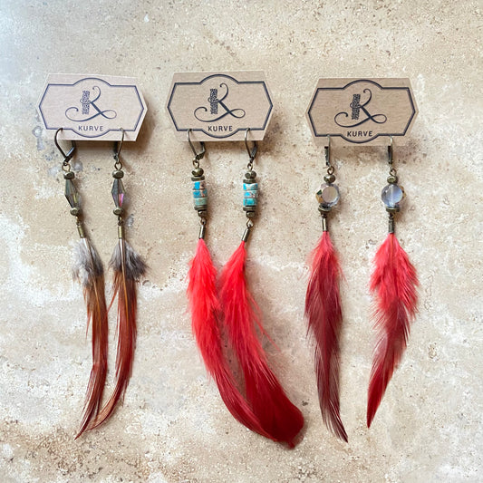 Brass Red Feather Earrings