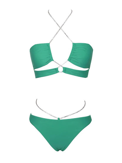 Danica Green Crystal String Lace Up Bikini Top
